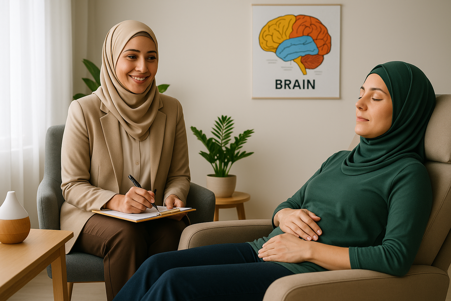 Sesi terapi relaksasi pikiran modern — aman, suportif, dan berbasis teknik psikologis